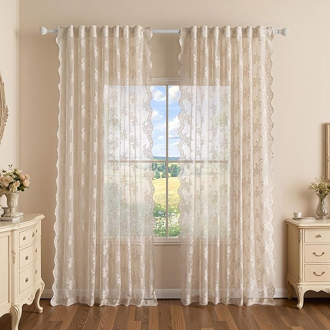 MEETSKY Lace Sheer Curtains 96 Inches Long Set of 2 Vintage Victorian French Elegant Scalloped Boho Style Light Filtering Back Tab Rod Pocket Drapes for Home Decor, 50"x96", 2 Panels, Oatmeal Beige