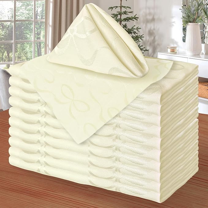 Ivory Napkins Cloth, Fabric Napkins Set of 12 (18"x18") - Cotton & Polyester, Wrinkle/Fade Resistant - Dinner Napkin Cloth Washable, Jacquard Napkin for Banquet, Party & Wedding, Champagne Bows