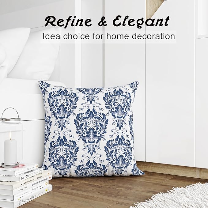 LOVOUS Navy Blue and White Damask Throw Pillow Covers 18x18 Inch Set of 2, Vintage Linen Decorative Pillow Covers for Bed Couch Sofa Bedroom Living Room Home Decor, B16