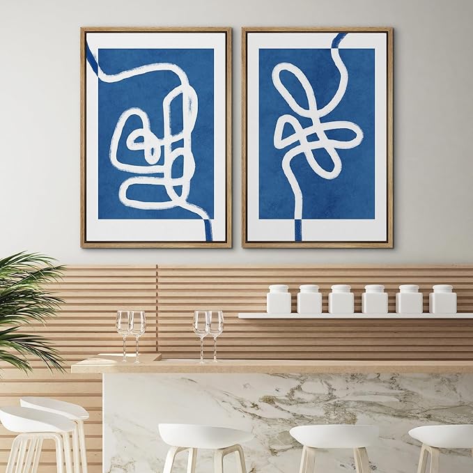 SIGNWIN Framed Wall Art Print Set White Line Contrasting Blue Backround Abstract Swirly Digital Art Modern Art Mid-Century Modern Expressive for Living Room, Bedroom, Office - 16"x24"x2 Panels