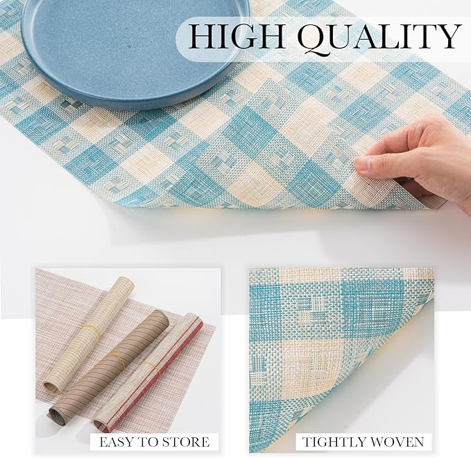 BACKTOEDEN Placemats Set of 8 Heat Resistant Washable Wipeable Placemat Woven Non-Slip Foldable Vinyl/Plastic Place Mats Indoor/Outdoor Mat Kitchen Dining Table Pad, Blue Checkered