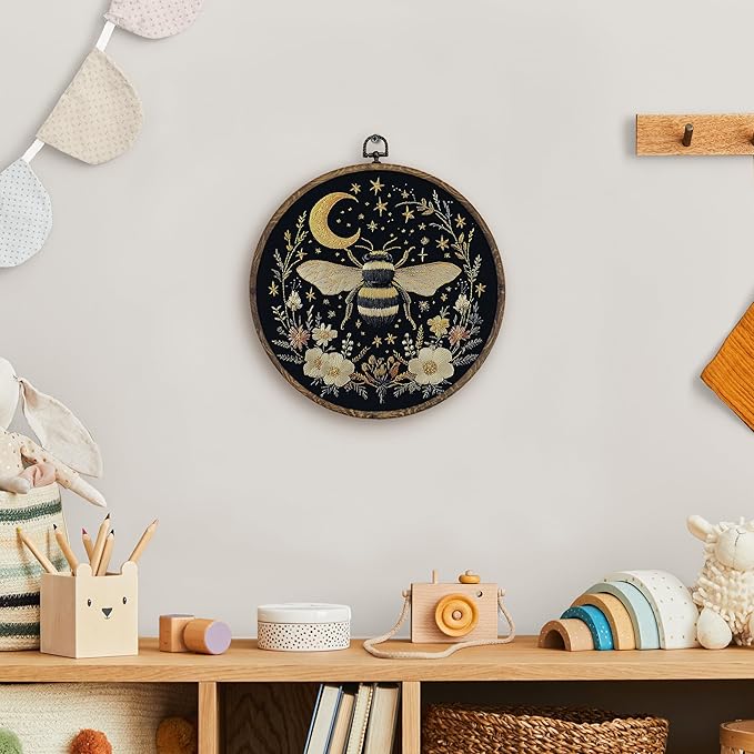 KFXHANGD Celestial Bee Floral Round Wall Art Framed, Gothic Bee Moon Canvas Wall Art Decor, Witchy Bumble Bee Botanical Hanging Decor for Bedroom Living Room, 10x10inch