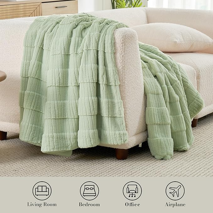 Amélie Home Luxury Striped Faux Fur Throw Blanket for Couch, Soft Cozy Fuzzy Fluffy Soft Plush Blankets Sofa Chair Gift Blankets for Women, 55"x70", Sage Green
