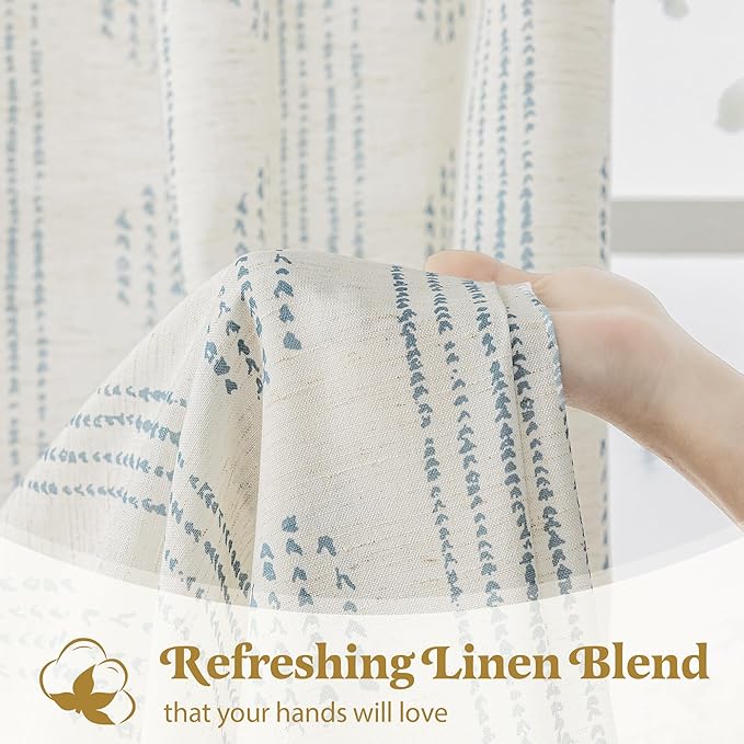 Boho Linen Curtains for Bedroom Living Room Blue Farmhouse Boho Curtains 72 Inches Long Geometric Striped Patterned Mudcloth Grommet Top Light Filtering Window Drapes 2 Panels Blue on Beige