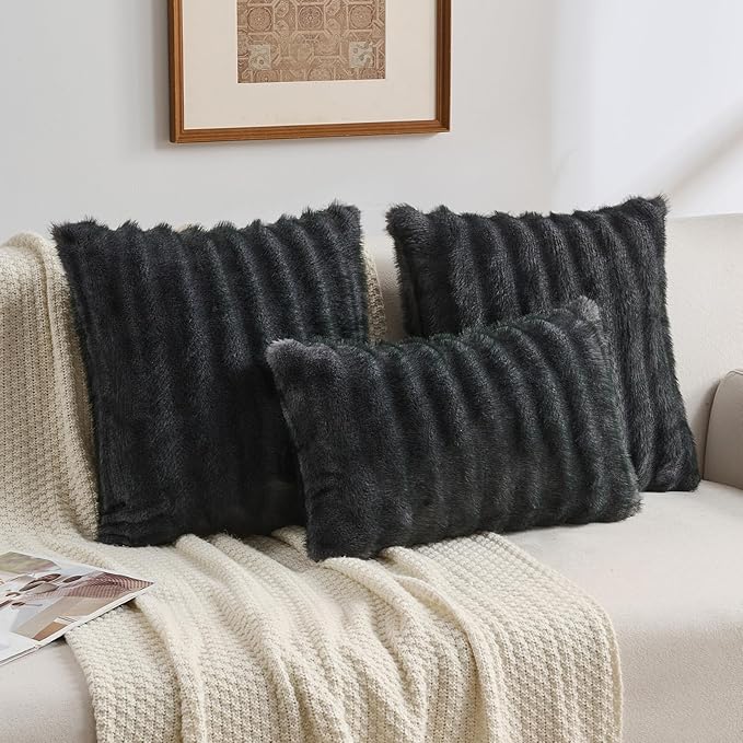 FUTEI Dark Grey Pink Decorative Throw Pillow Covers 24x24 Inch Set of 2,Soft Fluffy Faux Rabbit Fur Dyeing Striped Textured European Cushion Case,Modern Home Decor for Couch Bed Living Room
