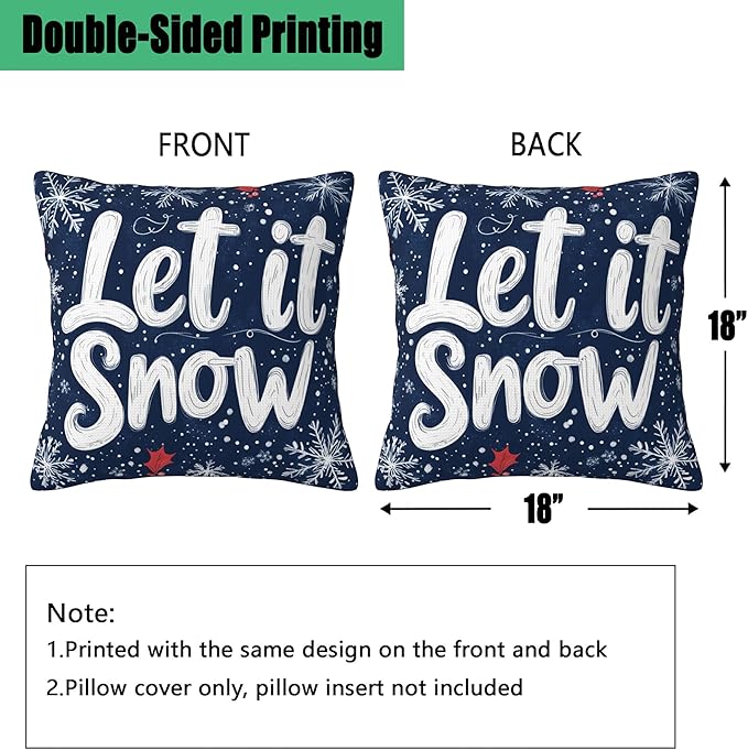 Christmas Pillow Covers 18X18, Let it Snow Decorative Throw Pillow Covers, Winter Christmas Snowflakes Pillow Cover Pillowcase Cushion Case for Home Sofa Couch Indoor Outdoor Set of 2