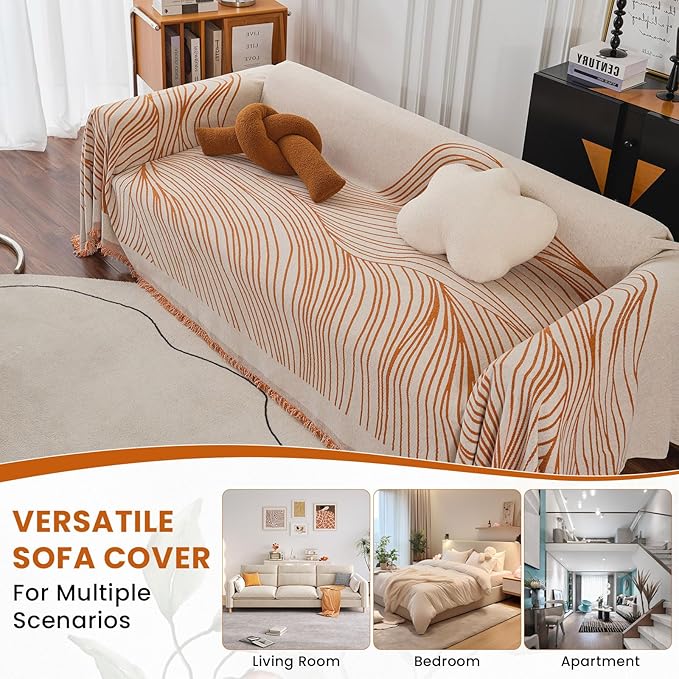 VClife XXL Sofa Cover Chenille Couch Cover for 3 Cushion Couch Sofa, Modern Beige Caramel Striped Couch Covers for Kids Washable Sectional Sofa Protector with Tassel 71"X150"