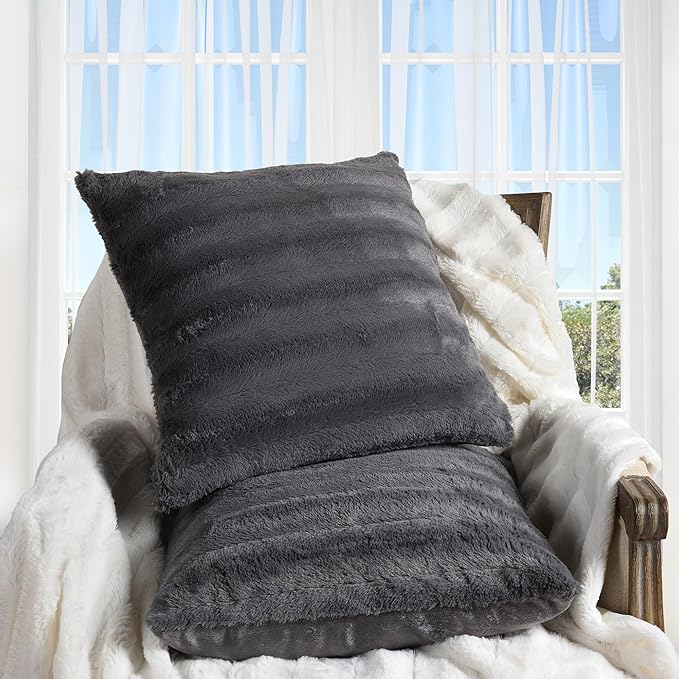 Cheer Collection Faux Fur Throw Pillows - Decorative Pillows for Couch, Bed Throw Pillows, Grey Accent Pillows for Bedroom or Living Room Aesthetic, Set of 2 Furry Throw Pillows, 16" x 16"