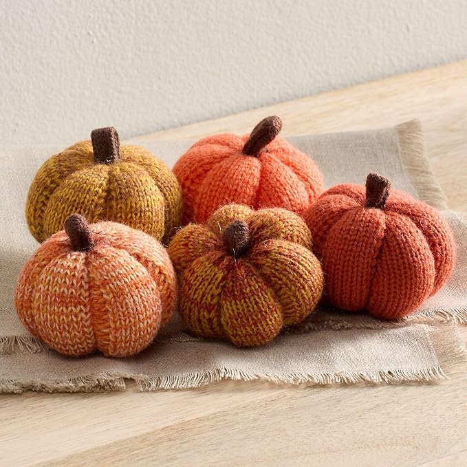 Your Heart's Content Set of 5 Cozy Mini Knit Pumpkins Classic Autumn Orange Gold Rust, Table top Bowl Filler, Kitchen Tiered Tray for Gift, Gift for Hostess (Sunset 2.5 Inch Set)