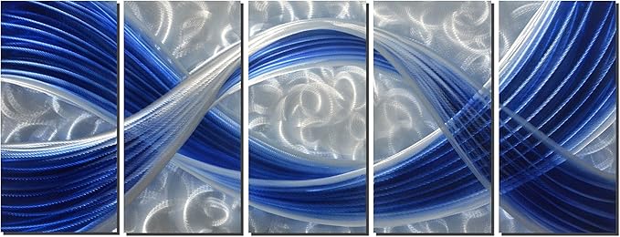 Metal Wall Sculpture with Dark Blue Line Silver Background, Aluminum Wall Art, Unique Metal Artwork, Abstract Metal Wall Art for Modern and Contemporary Decor, Indoor and Outdoor, 5-Panels 64" x 24"