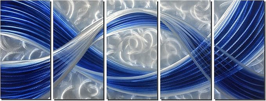Metal Wall Sculpture with Dark Blue Line Silver Background, Aluminum Wall Art, Unique Metal Artwork, Abstract Metal Wall Art for Modern and Contemporary Decor, Indoor and Outdoor, 5-Panels 64" x 24"