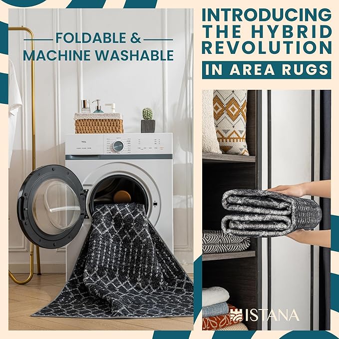 Istana 8x10 Area Rug - Black 8x10 Rugs for Living Room - Foldable Rugs for Bedroom - Stain Resistant Washable Rug - Eco-Friendly Area Rugs - Easy to Clean Living Room Rug