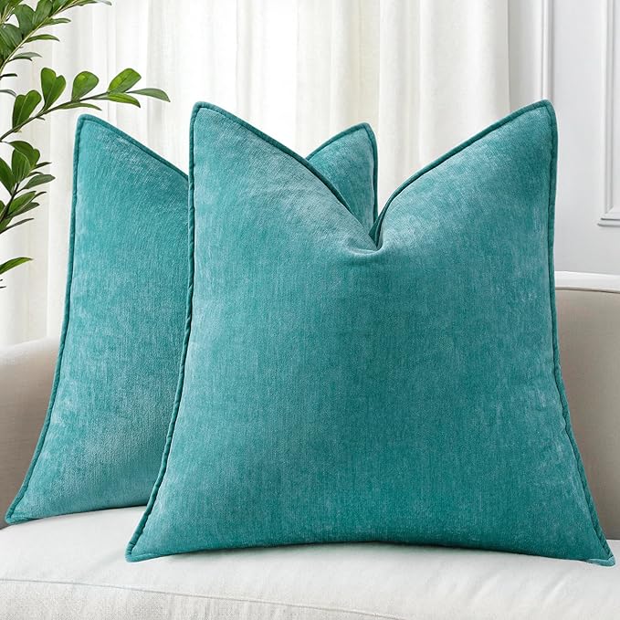 decorUhome Christmas Couch Throw Pillow Covers 18x18 Set of 2, Decorative Soft Euro Velvet Neutral Chenille Pillow Covers with Elegant Design for Sofa Bed Living Room Home Decor, Teal