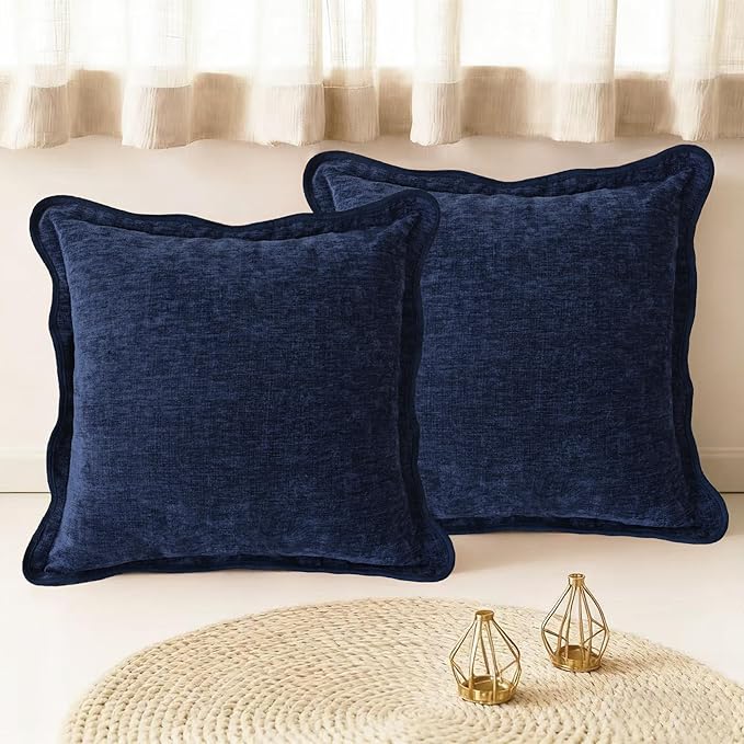 CaliTime Throw Pillow Covers Decorative 18 X 18 Inches Pack of 2 Cozy Chenille Scalloped Wavy Edge Cushion Cases for Couch Sofa Bed Living Room Farmhouse Navy Blue