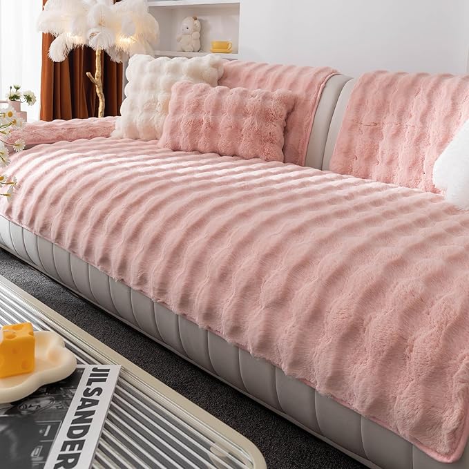 Faux Fur Couch Cover, Soft Warm Plush Sofa Couch Cover, Non Slip Sectional Sofa Slipcovers, Washable Furniture Protector for Kids, Dogs, L Shaped Armrest Backrest Cover(Pink, 28"×28")