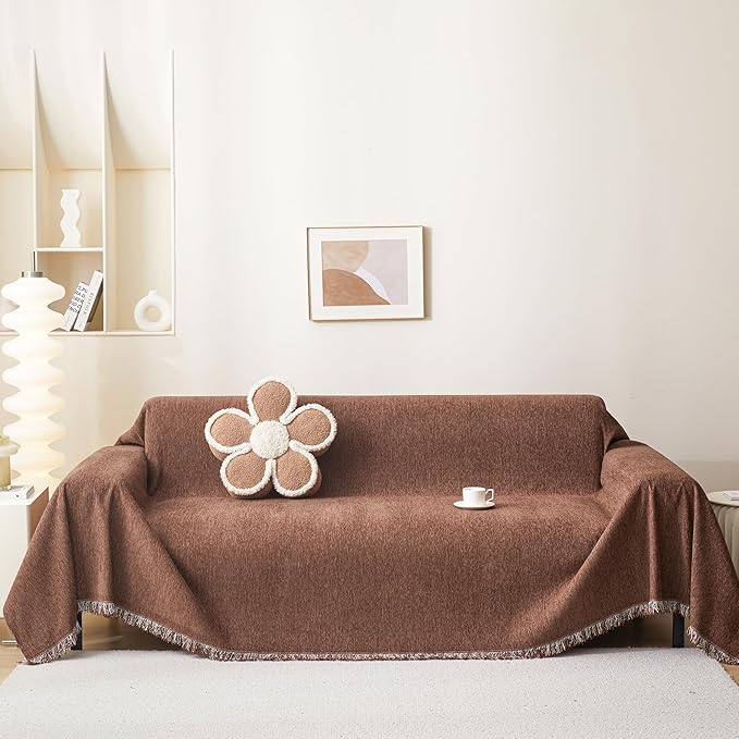 MEETSKY Couch Cover for Sofa Large with Tassel Edge, Modern Couch Covers for Dogs Washable Sofa Slipcover for Cats Pet Universal Sofa Throw Cover, 71"x150", Reddish Chocolate
