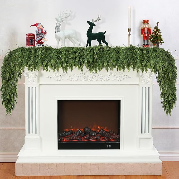 9ft Christmas Garland Realistic Soft and Thickness Green Faux Cedar Pine Garland Artificial Cedar Cypress Garland for Home Fireplace Wall Indoor Outdoor Holiday Party Home Decoration
