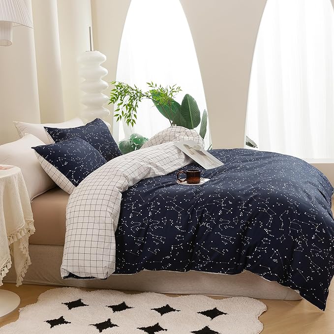 ECOCOTT Duvet Cover Queen, 100% Natural Cotton 1 Duvet Cover +2 Pillowcases Bedding Set,Navy and Cosmic Constellation Reversible Printed Pattern Soft Cozy Breathable and Durable Duvet Cover Set