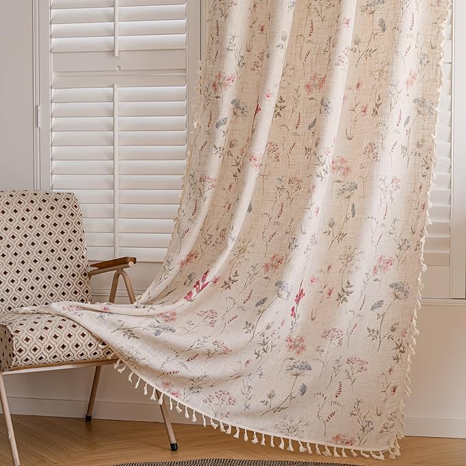 OYX Floral Curtains 2 Panels 52x96 Inches, Boho Tassel Semi-Sheer Light Filtering, Rod Pocket Farmhouse Window Drapes for Bedroom Living Room Dining Room, Bohemian Aesthetic Decor