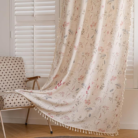 OYX Floral Curtains 2 Panels 52x63 Inches, Boho Tassel Semi-Sheer Light Filtering, Rod Pocket Farmhouse Window Drapes for Bedroom Living Room Dining Room, Bohemian Aesthetic Decor