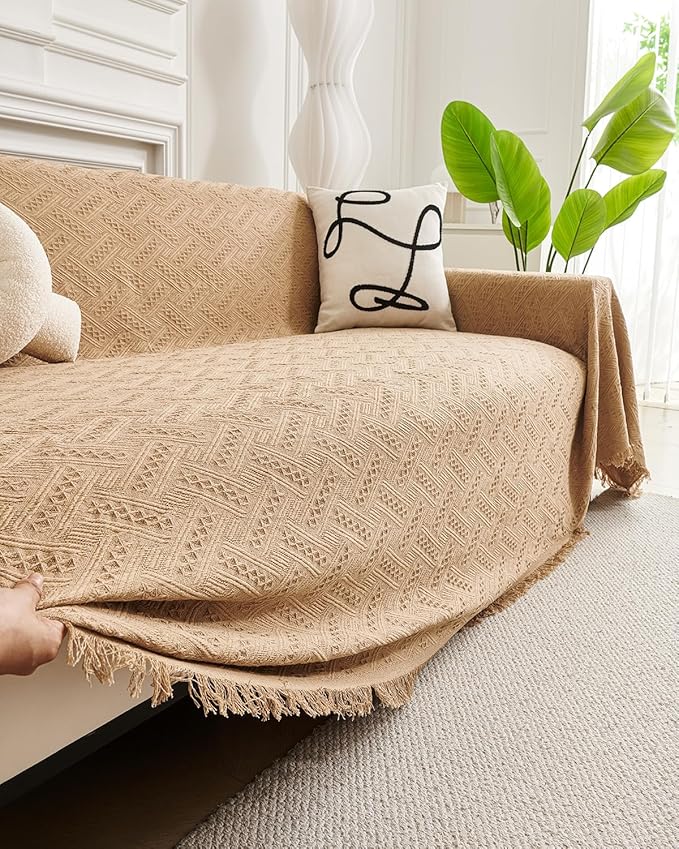 AIVIA Loveseat Cover Sheet Blanket, Woven Reversible Anti Slip Cushion Covers for 2 Seater Couches with Armrest, Love-Seat Furniture Decor Slipcovers Protector for Dogs Cats Pets (Khaki, 71” x 102”)