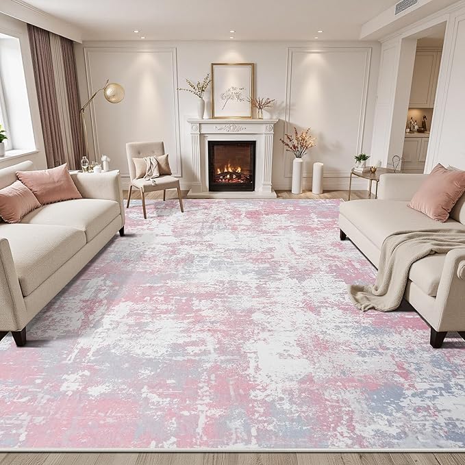 Rugflix 8x10 Area Rugs for Living Room, Washable Large Rug Stain-Resistant Low Pile, Modern Carpet for Dining Room Home Office Kid Room Nursery Bedroom, Pink Grey