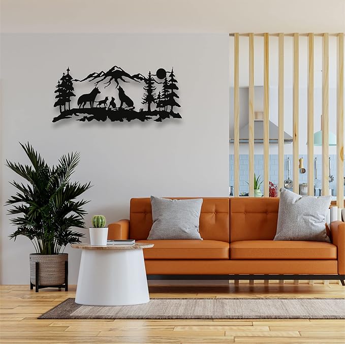 DEKADRON Metal Wall Art, Metal Wolves Family Art, Nature Wall Art, Wolf, Mountain and Tree Decor, Metal Wall Decor (24" W x 10" H / 60x26 cm)