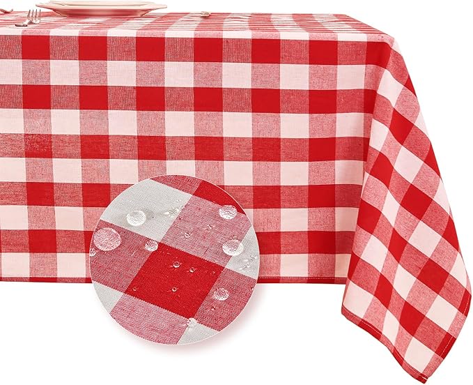 BALCONY & FALCON Rectangle Gingham Table Cloth – Water-Resistant Cotton Blend, Spill-Proof & Washable Checkered Tablecloth for Kitchen, Dining, Picnic, Party (Red White, 57x118 Inch)