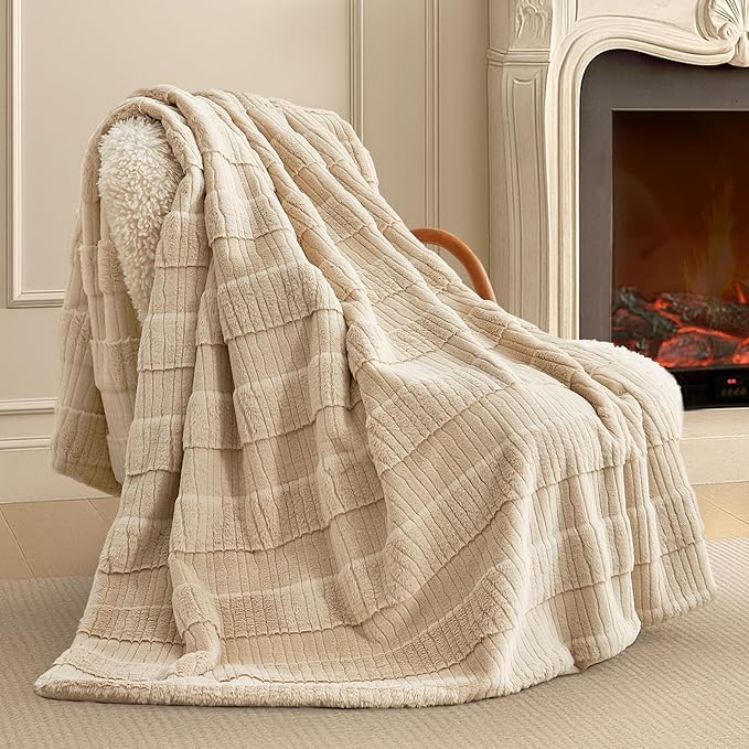 Amélie Home Luxury Striped Faux Fur Throw Blanket for Bed Queen Size, Soft Cozy Fuzzy Fluffy Plush Gift Blankets for Women, 88"x90", Beige