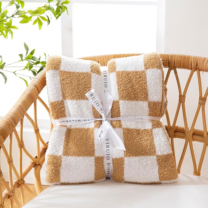 YIRUIO Throw Blankets Checkered Queen,King Size Big Fluffy Fuzzy Warmer Comfort Reversible Super Soft Cozy Decor for Home Bed Couch Sofa Room (Burnt Orange, 80''x90'')
