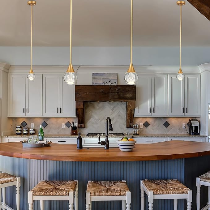 2-Pendant Lights Kitchen Island, Brass Gold Globe Crystal Ceiling Hanging Light Fxitures, LED Light Fixtures Metal Rod Ceiling Glass Pendant Lighting for Kitchen Island Dining Room Bar