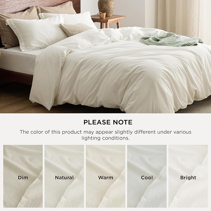 Bedsure 100% Washed Cotton Duvet Cover Twin Size - Ivory Minimalist Cotton Duvet Cover Linen Like for All Seasons - GentleSoft™ Plain Simple Bedding, 2 Pieces (Ivory, Twin, 68"x90")