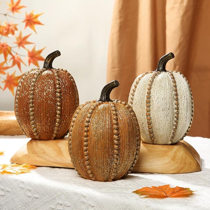 Hollyone Pumpkins Fall Decoration, 3 Pack Resin Pumpkins for Decorating Fake Pumpkin Autumn Rustic Decor for Home Thanksgiving Harvest Halloween Wedding Table Centerpiece Shelf Indoor Outdoor Decor
