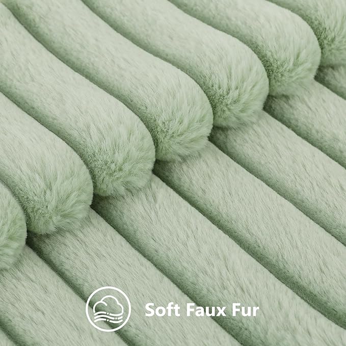 decorUhome Faux Fur Christmas Throw Pillow Covers 12x20 Set of 2, Decorative Soft Plush Striped Neutral Couch Euro Pillow Covers with Velvet Back for Sofa, Bed, Living Room Home Decor, Sage Green