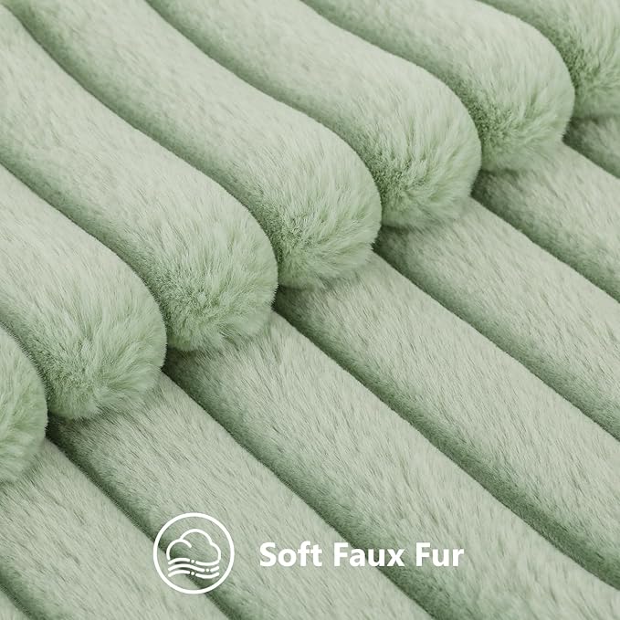 decorUhome Faux Fur Christmas Throw Pillow Covers 22x22 Set of 2, Decorative Soft Plush Striped Neutral Couch Euro Pillow Covers with Velvet Back for Sofa, Bed, Living Room Home Decor, Sage Green