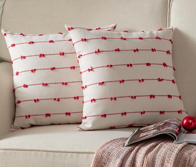Caflife Boho Christmas Throw Pillow Covers 22x22 inches Beige and Red, Set of 2 Modern Farmhouse Holiday Decorative Pillow Covers for Couch Sofa Bed, Living Room