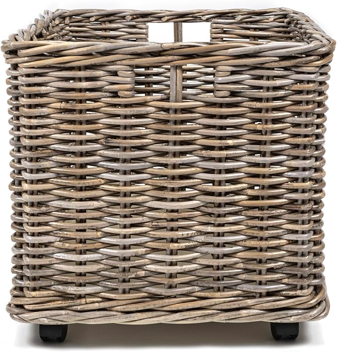 happimess BSK1001A Yael Coastal Hand-Woven "STORAGE" Rattan Basket with Wheels and Handles for Storage and Decoration in Bedroom, Living Room, Laundry Room, Entryway, Kubu Gray