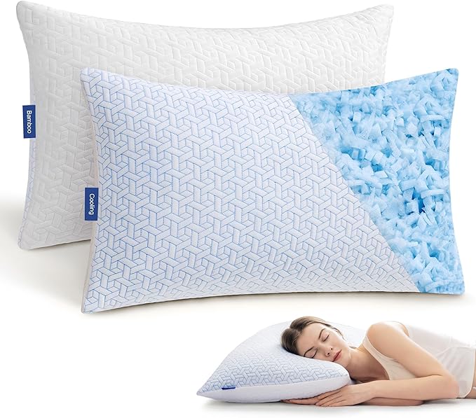 puredown® Shredded Memory Foam Pillows,Cooling Pillows Queen Size Set of 2,Soft Adjustable Firm Bed Pillow for Sleeping with Zipper Removable Pillow Cover,2 Pack,20x30In
