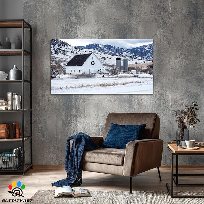 GUTTATY Christmas Winter Barn Canvas Wall Art, Rustic Farmhouse Winter Scene Pictures, Snowy Holiday Wall Decor, Countryside Canvas Print with White Barn for Living Room, Bedroom, Office, 32x16 Inch