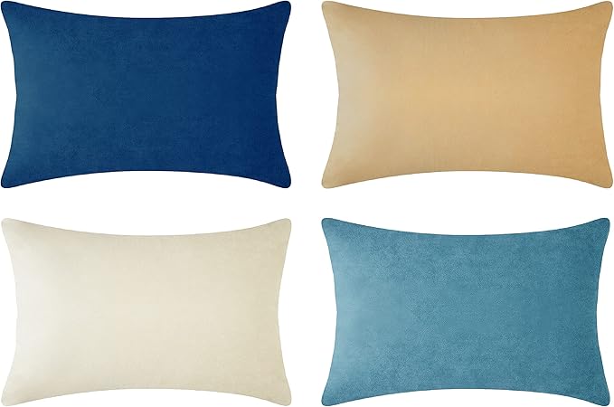 MONDAY MOOSE Decorative Throw Pillow Covers Cushion Cases, Set of 4 Soft Velvet Modern Designs, Mix and Match for Home Decor, Pillow Inserts Not Included (12x20 inch, Blue/Beige)