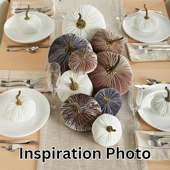Set of 3 Velvet 6.25 Inch Pumpkins, silver platinumn accent decor, elegant luxe tablescape, tiered tray decor, cozy autumn vibe, office bookshelf, gift basket for hostess (Gray, Ivory, Platinum)