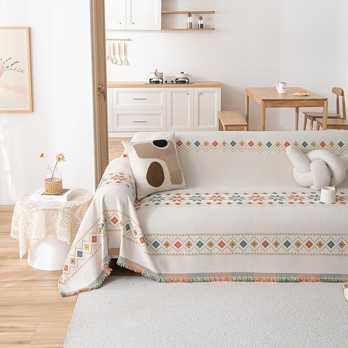 VClife Boho White Jacquard Couch Cover Soft Couch Cover for 3 Seater Cushion Couch Sofa Bedroom Living Room Furniture Protector Sofa Cover for Couch Bed - Gift for Christmas Thanksgiving 71x134 Inch