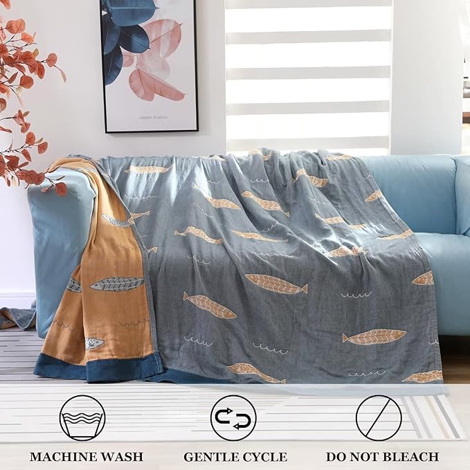 Boho Throw Blanket for Bed 100% Cotton Ultra Soft Rustic Quilt Fall Blanket Fish Printed Farmhouse Decor Bed Blankets,60"×80" All Season Rustic Throw for Sofa Couch Chair