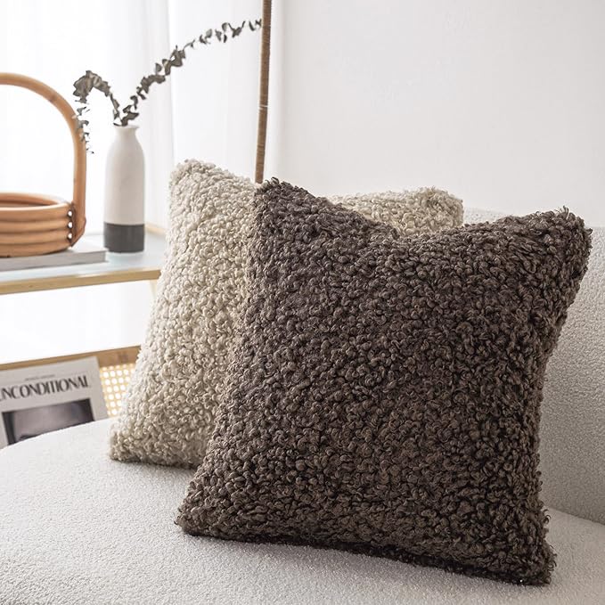 Foindtower 2 Pieces Teddy Faux Fur Throw Pillow Cover Decorative Sherpa Pillow Fuzzy Accent Pillowcases Soft Sheepskin Fleece Cushion Case for Bed Couch Living Room 18x18 Inch Chocolate