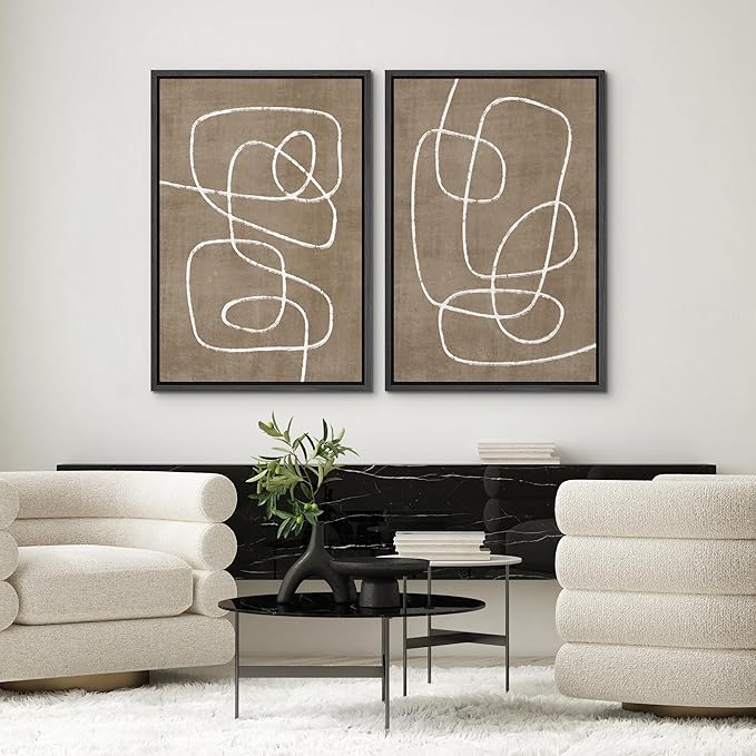 SIGNWIN Framed Canvas Print Wall Art Set Geometric Mid-Century Spiral Collage Abstract Shapes Cozy Neutral Minimal Decorative Nordic Zen Bohemian for Living Room, Bedroom, Office - 24"x36"x2 Black