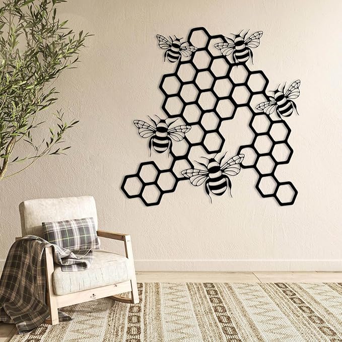 EANHIPE Bee and Honeycomb Metal Wall Art, Honey Bee Metal Wall Decor, Minimalist Animal Wall Sculpture, Rustic Farmhouse Decor, House Decorations Living Room (Black, 31"x31"/80x80cm)