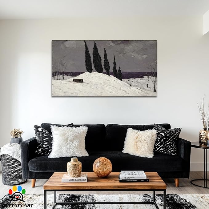 GUTTATY Christmas Winter Scene Canvas Wall Art, Snowy Landscape Canvas Pictures, Moody Cypress Trees Wall Paintings, Subtle Gray Poster Prints for Living Room Decor, Home Office Artwork, 60x30 Inch