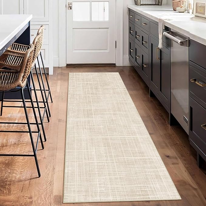 Enkor Runner Rugs for Hallway, 2x6 Washable Soft Non Slip Abstract Rugs for Kitchen, Modern Mat for Entryway Living Room Bedroom Beige Grid