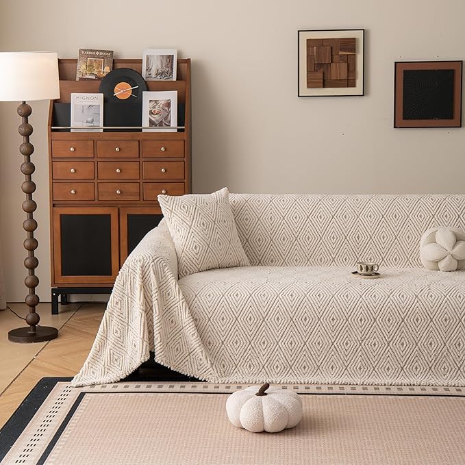 ROOMLIFE Striped Boho Khaki Couch Cover for 2-3 Cushion Sofa, Fuzzy Plush Warm Sofa Slipcovers Sectional Sofas Covers, Non Slip Washable Furniture Protector Soft with Tassel,Winter 71''X150”