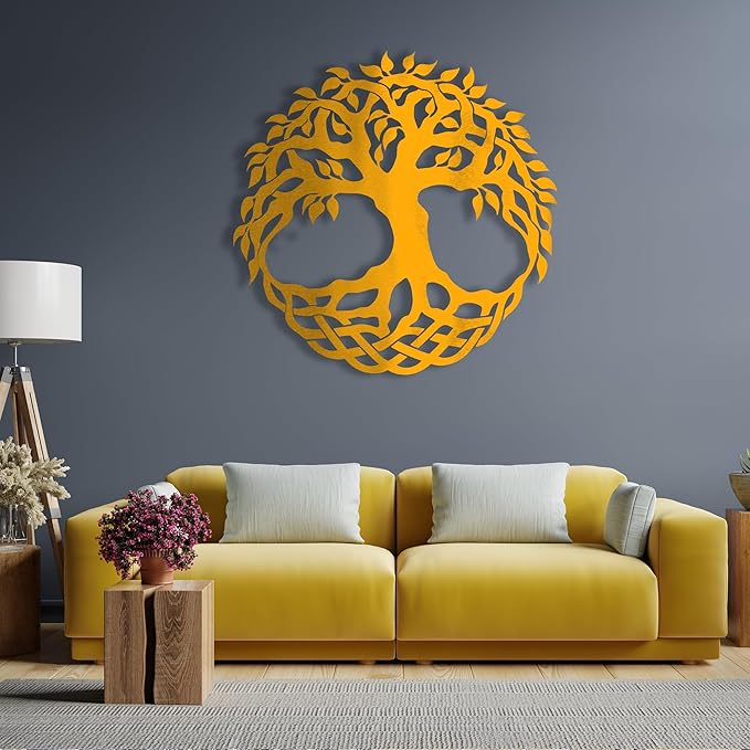 Tree of Life Metal Wall Art Decor - 24" Family Tree Wall Mounted Sculpture, Metal Home Decoration for Living Room, Bedroom, Office, Rustic Wall Decor for Indoor and Outdoor Spaces, Laser Cut Garden Decor (Gold)